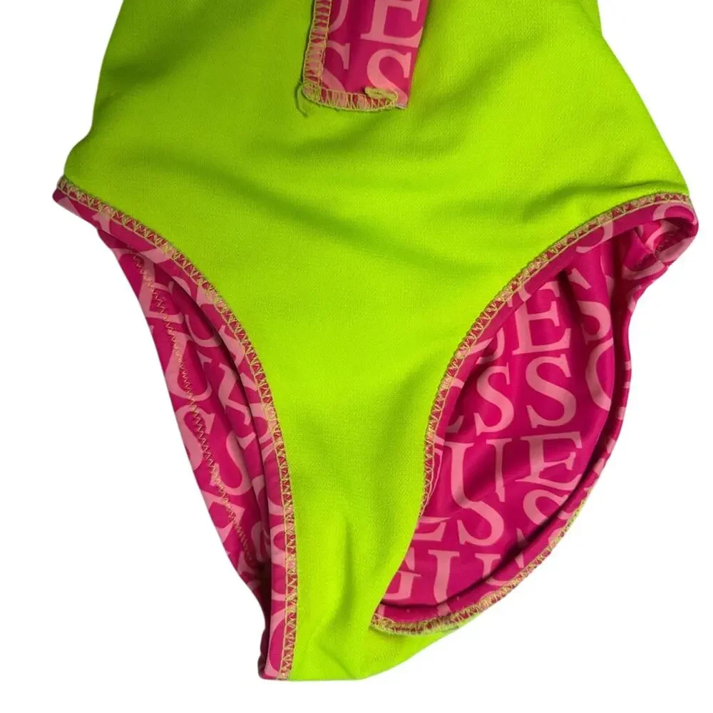 Guess Kids Hot Pink Logo Rashguard Swimsuit Neon Zip One Piece Size 4